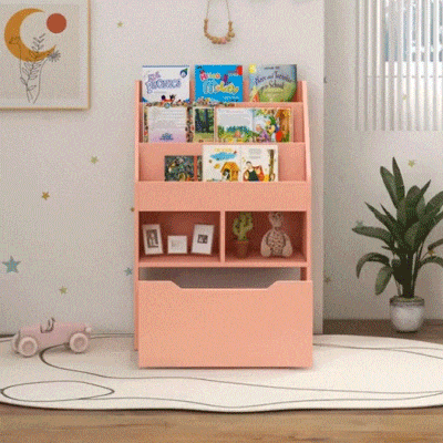HOMCOM Kids Bookcase with Storage Drawer for Books, Reading Nook, for Classroom, Bedroom, Playroom, Pink