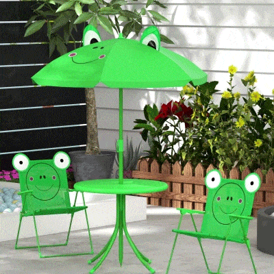 Outsunny Kids Folding Picnic Table and Chair Set Pattern Outdoor Garden Patio Backyard with Removable & Height Adjustable Sun Umbrella Green