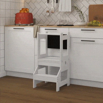 Qaba Kids Kitchen Step Stool, 2-in-1 Tower with Chalkboard, White