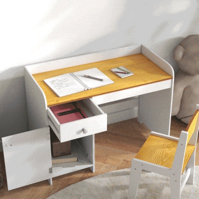 Qaba Kids Desk and Chair Set for 3-6 Year Old with Storage Drawer, Study Table and Chair for Children, White