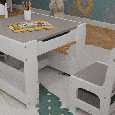 Qaba 3 Piece Kids Table and Chair Set with Reversible Tabletop, Blackboard, Storage, Bookshelf, for Playroom, Nursery, Grey
