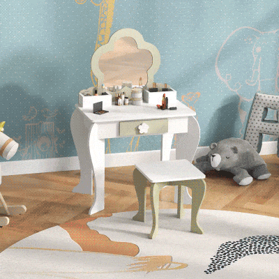 Qaba Kids Makeup Vanity Set with Stool, Mirror, Drawer, Storage Boxes, Unicorn Design, White