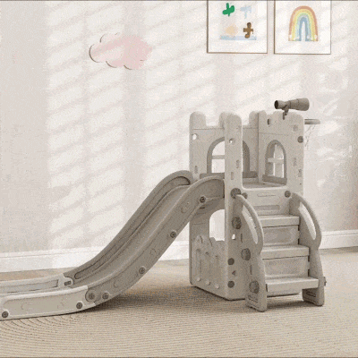 Qaba 5 in 1 Toddler Slide with Basketball Hoop, Climber, Telescope, Storage Basket, for 1-3 Years Kids Indoor Use, Grey