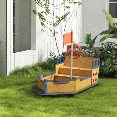 Outsunny Kids Wooden Sandbox Pirate Ship Sandboat Outdoor Backyard Playset Children Sandpit w/ Bench Seat Storage Space & Flag for 3-6 Years Old