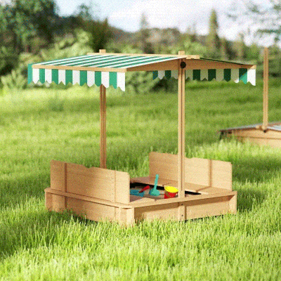Outsunny Wooden Kids Sandbox with Cover, Sand Play Station with Foldable Bench Seats and Adjustable Canopy, Light Brown
