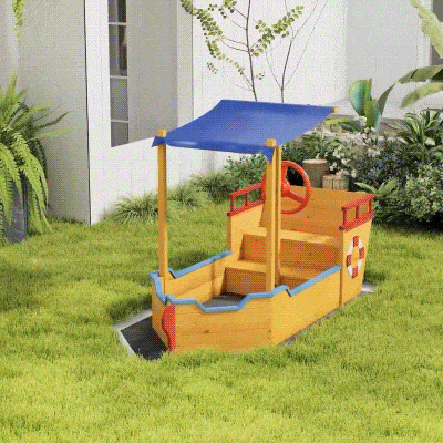 Outsunny Kids Wooden Sandbox with Canopy & Bench Storage