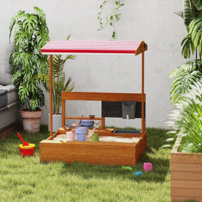 Outsunny Kids Sandbox with Cover Kitchen Playset Toys, Wooden Sand Box with Seat, Storage, for 3-7 Years Old, Red