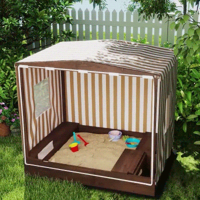 Qaba Kids Sandbox with Full Covered Canopy, Bench Seats, Bottom Liner, for Ages 3-6, 56" x 40" x 52", Brown