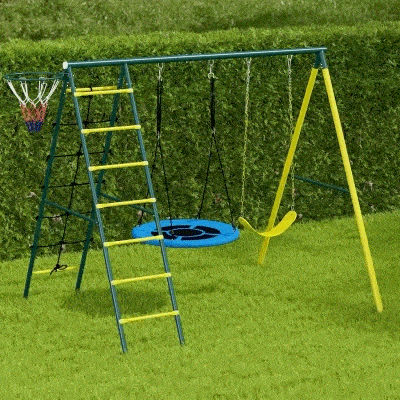 Outsunny 4 in 1 Swing Set for Kids with Saucer Swing, Seat, Climbing Ladder/Net, Basketball Hoop for 3-8 Years Old, Yellow