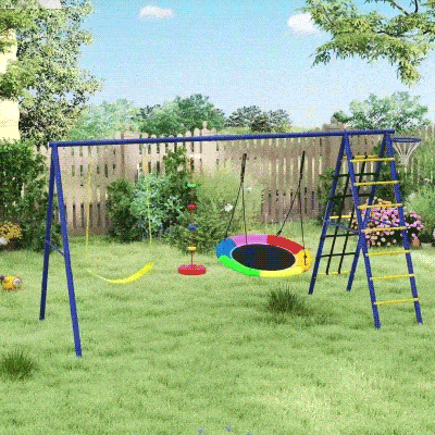 Qaba 6 in 1 Kids Swing Set with 1 Saucer Swing, 1 Belt Swing, 1 Disc Rope Swing, Climbing Ladder and Net, Basketball Hoop