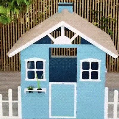 Outsunny Wooden Kids Playhouse, Blue with Flower Pot Holders