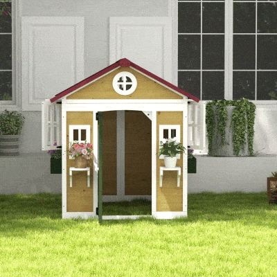 Outsunny Kids Wooden Outdoor Playhouse for Toddlers aged 3–8, featuring Door, Windows, Planter Pots and Boxes, Garden Cottage Style Backyard Playhouse, Beige