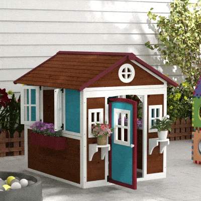 Outsunny Wooden Playhouse for Kids Outdoor with Door, Windows, Planter Pots and Boxes for Toddlers 3-8 Years, Dark Brown
