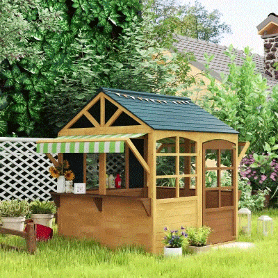 Qaba Wooden Foldable Outdoor Playhouse for Kids Ages 3-8, Snack Bars, Working Door, Rain Covers, Blackboards, Brown