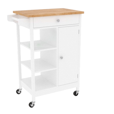 HOMCOM Modern Rolling Kitchen Island Cart with Drawer, Natural Wood Top, Towel Rack, Door Storage Cabinet, White