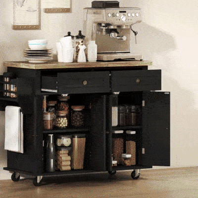 HOMCOM Rolling Kitchen Island with Rubber Wood Top and Storage, Spice Rack, Towel Rack, Black