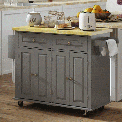 HOMCOM Kitchen Island Cart with Rubberwood Top & Storage, Grey