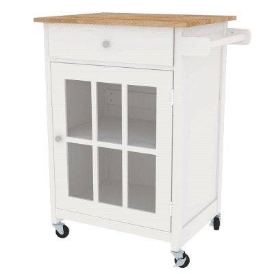HOMCOM Rolling Kitchen Cart with Drawer and Glass Door Cabinet, Kitchen Island on Wheels with Towel Rack, White