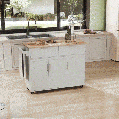 HOMCOM Rolling Kitchen Island, Kitchen Cart on Wheels with 2 Storage Drawers, 3 Door Cabinets and Towel Rack for Dining Room (White, 3-Doors)