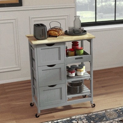 HOMCOM Rolling Kitchen Cart with Wood Top, Shelves & Drawers, Gray