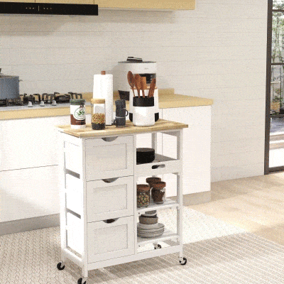 HOMCOM Kitchen Cart on Wheels, Rolling Kitchen Island Cart with Wood Top, 3 Drawers and Shelves for Home Dining Area