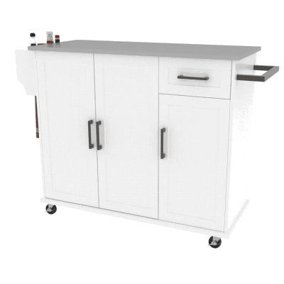 HOMCOM Kitchen Island with Storage, Rolling Kitchen Cart on Wheels, Kitchen Island with Storage, Drawer, 3 Cabinets, Stainless Steel Countertop, Spice Rack and Towel Rack, White