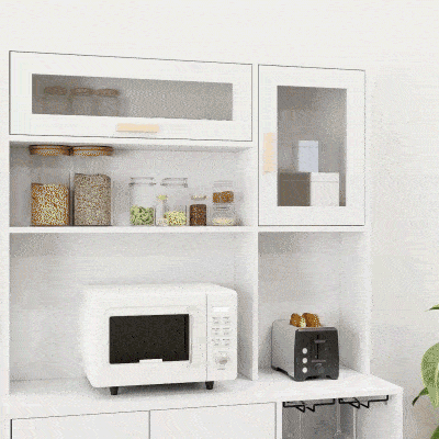 HOMCOM Coffee Bar Cabinet, Kitchen Hutch with Wine Storage, Microwave Countertop, Drawer and Tempered Glass Doors, White