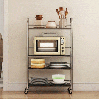 HOMCOM 4 Tier Stainless Steel Rolling Cart with Adjustable Shelves, Utility Cart on Wheels with Handles for Kitchen, Silver