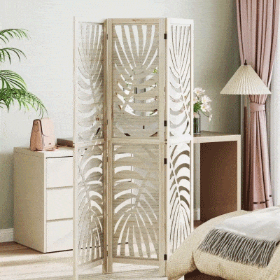 HOMCOM 3 Panel Room Divider, Detachable Folding Privacy Screens with Palm Leaf Design for Home Office, Natural Wood Finish