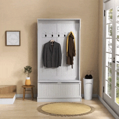 HOMCOM 3-In-1 Hall Tree w/ Coat Rack, Shoe Storage and Bench Seat, Entryway Bench w/ 4 Hooks for Hallway, Living Room, White