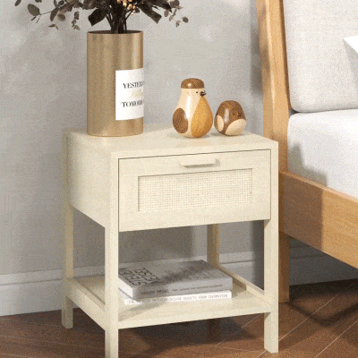 HOMCOM Narrow Nightstand with Rattan Elements, Bedside Table with Drawer and Storage Shelf for Bedroom, Natural