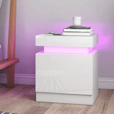 HOMCOM Nightstand Set of 2, End Side Tables with LED Lights, Bedside Tables with 2 Drawers, for Bedroom, White