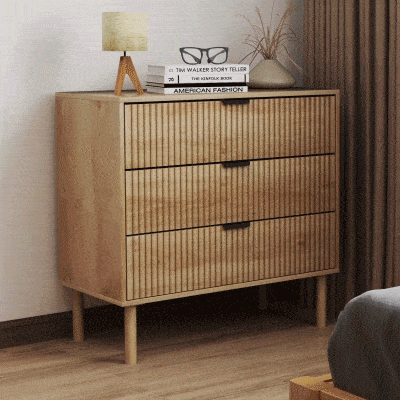 HOMCOM Bedroom Chest of Drawers, 3 Drawer Dresser with Fluted Panels and Solid Wood Legs, Storage Cabinet for Living Room, Oak