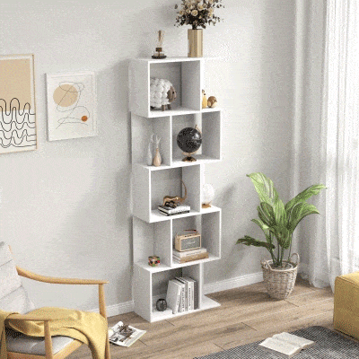 HOMCOM 5-Tier Geometric Bookshelf, S Shaped Bookcase, Modern Freestanding Display Shelf Unit for Home Office, White