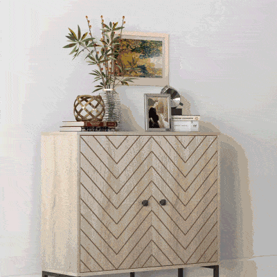 HOMCOM Modern Sideboard, Buffet Cabinet with 2 Chevron Doors and Adjustable Shelf, Kitchen Storage Cabinet with Steel Base, Coffee Bar Cabinet, 31.5" H, Oak