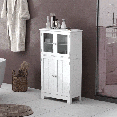 kleankin Bathroom Floor Storage Cabinet with Tempered Glass Doors and Adjustable Shelf, Kitchen Cupboard, Free Standing Organizer for Living Room Entryway, White