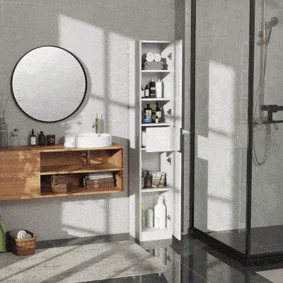 kleankin Tall Bathroom Cabinet, Narrow Bathroom Storage Cabinet with Doors, Drawer and Adjustable Shelves, High Gloss White
