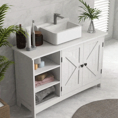 HOMCOM Bathroom Vanity Cabinet, Under Sink Storage Cabinet with Double Doors, Open and Adjustable Shelves, White
