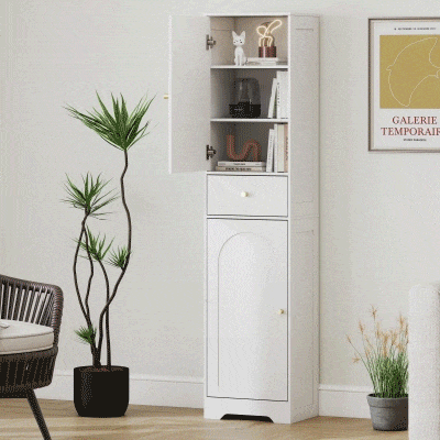 HOMCOM 67" Tall Bathroom Cabinet, Slim Bathroom Storage Cabinet with 2 Doors, Drawer and Adjustable Shelf, White Wood Grain
