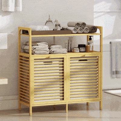 HOMCOM Tilt Out Laundry Hamper, Bamboo Laundry Cabinet with 2 Removable Baskets and 2-Tier Shelves for Laundry Room, Natural
