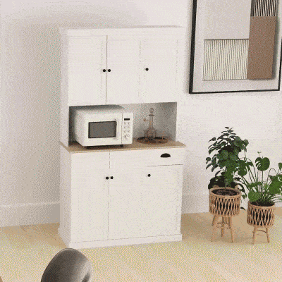 HOMCOM 71" Kitchen Pantry Buffet with Hutch Storage Cabinet Microwave Oven Stand with Drawer, White, Oak