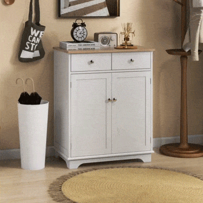 HOMCOM Kitchen Storage Cabinet, Solid Wood Top, 2 Drawers, White
