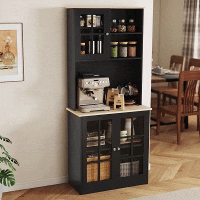 HOMCOM Kitchen Buffet with Hutch, Storage Pantry with 3 Cabinets, 2 Open Shelves and Large Countertop, Black