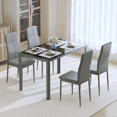 HOMCOM 5-Piece Rectangular Glass Kitchen Table and Chairs with Metal Frame and Faux Leather Upholstery for Dining Room, Grey