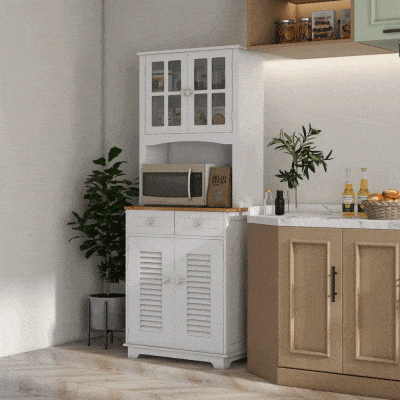 HOMCOM Coastal Style Kitchen Buffet and Hutch Wooden Storage Cupboard with Framed Glass Door LouveredCabinet  Drawers Microwave Space for Dining Room  Living Room  White