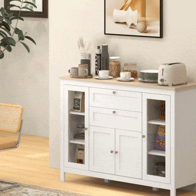 HOMCOM 47" Buffet Cabinet with Rubber Wood Top & Glass Door, White