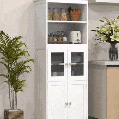 HOMCOM 63" Small Buffet with Hutch, 4-Door Kitchen Pantry, Freestanding Storage Cabinet with Adjustable Shelf for Dining Room, Living Room, White