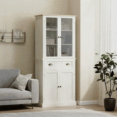 HOMCOM 72" Kitchen Pantry Cabinet, Freestanding Buffet Storage Cabinet with Glass Doors, Drawer and Adjustable Shelves, Cream White