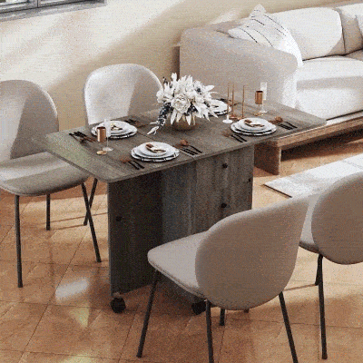 HOMCOM Foldable Dining Table, Rolling Kitchen Table with Storage Drawers and Cabinet, Drop Leaf Table on Wheels, Grey