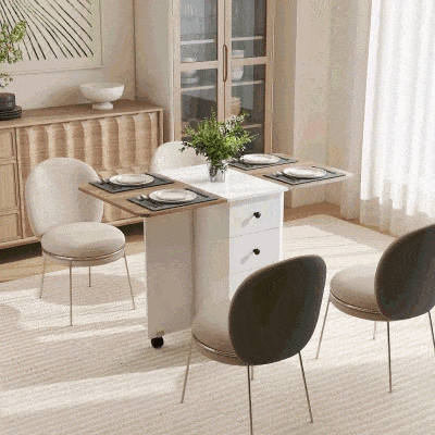 HOMCOM Drop Leaf Dining Table, Mobile Folding Table on Wheels with Drawers and Cabinet for Dining Room, Kitchen, White and Oak